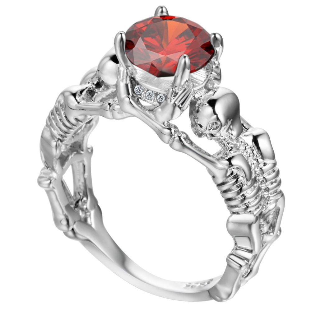 New Skeleton Skull Ring with Red Stone Sz 6
